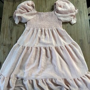 Elegant Blush Midi Dress with Puff Sleeves